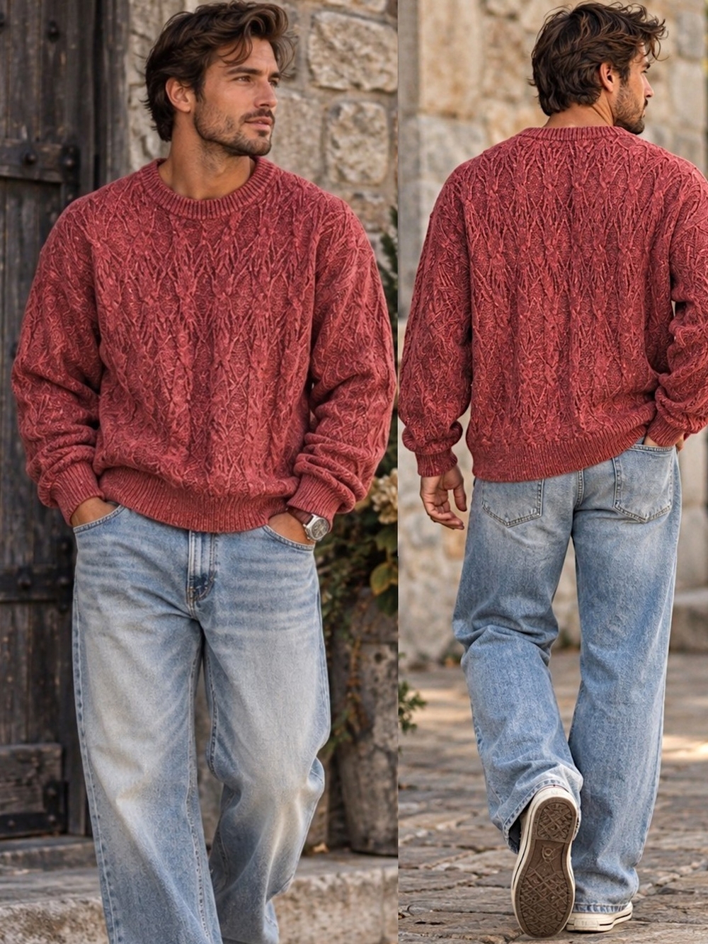 Vtg 90s Tricots St Raphael XL Textured Cable Knit Sweater Salmon USA Grandpacore